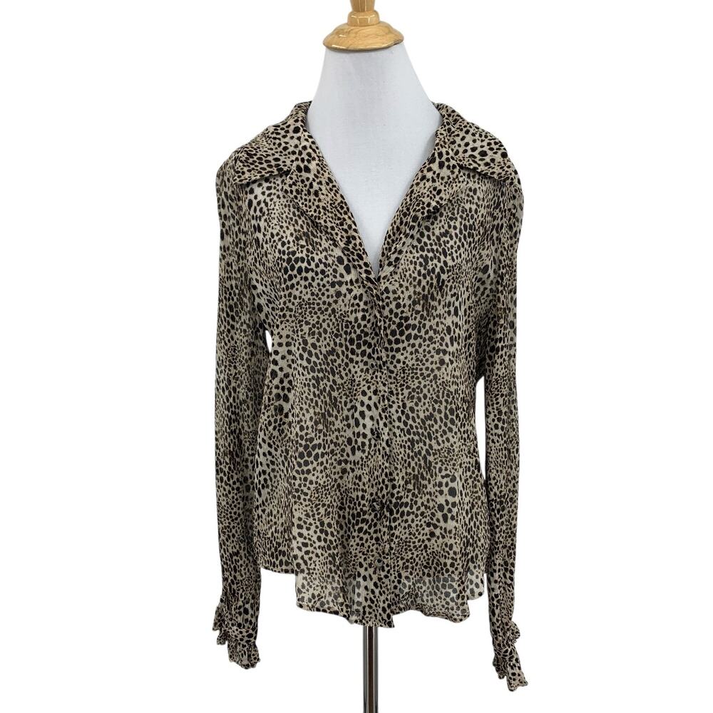 Paige Blouse Womens L Large Ellyn Leopard Print Sheer Notch Collar Ruffled Top